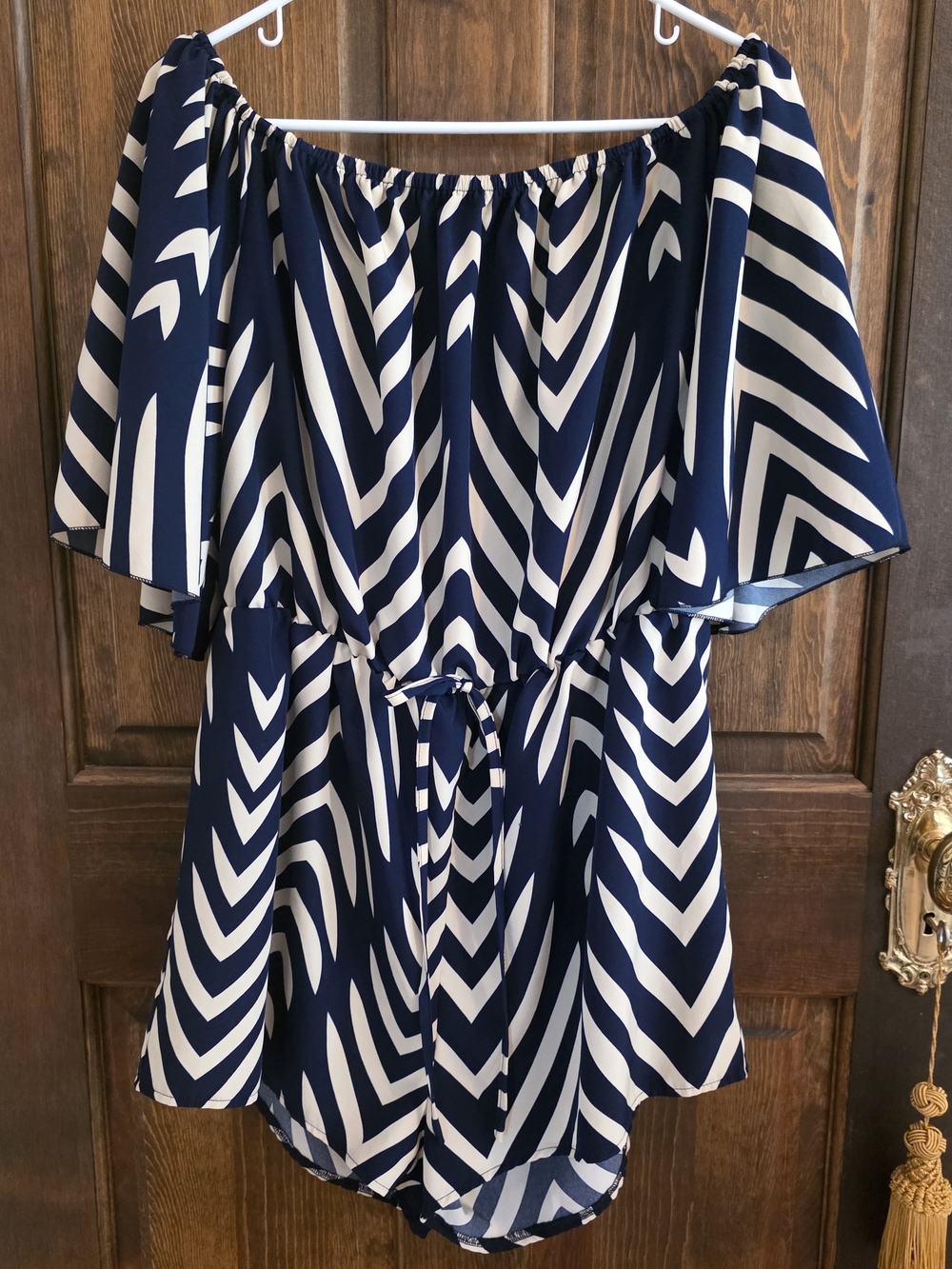SHEIN Navy and Apricot Striped Off-Shoulder Romper